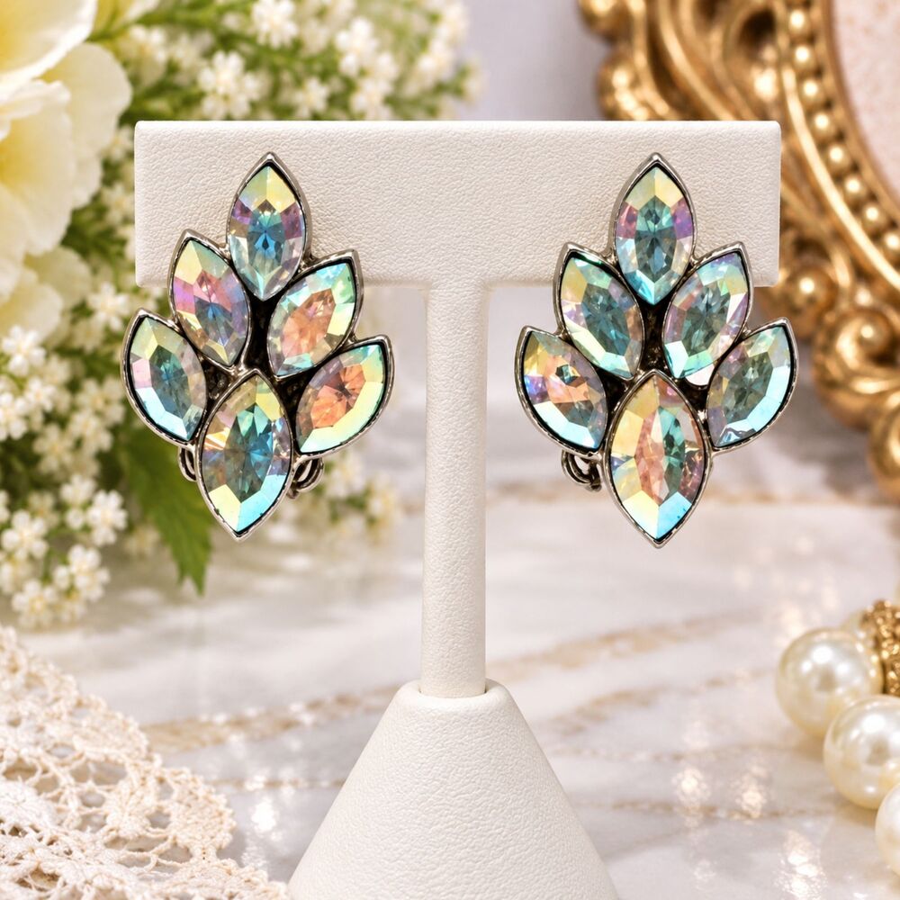 Vintage Aurora Borealis Marquis Rhinestone Cluster Clip On Earrings